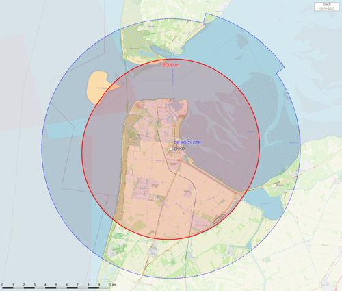 Kaart het vliegveld waarop het gebied waarbinnen je toestemming nodig hebt om sfeerballonnen op te laten, rood is gemarkeerd.