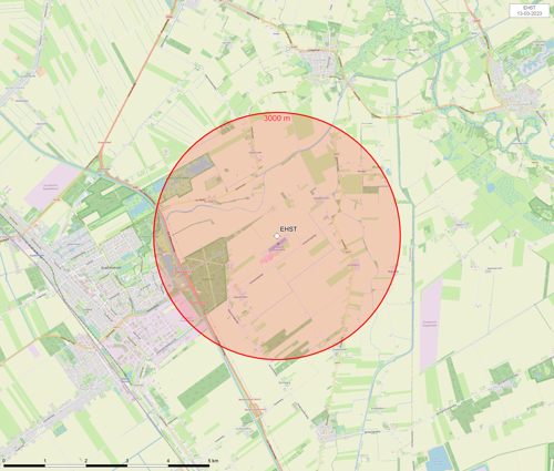 Kaart het vliegveld waarop het gebied waarbinnen je toestemming nodig hebt om sfeerballonnen op te laten, rood is gemarkeerd.