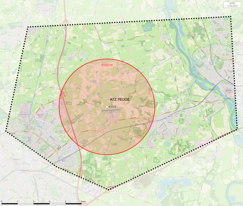 Kaart het vliegveld waarop het gebied waarbinnen je toestemming nodig hebt om sfeerballonnen op te laten, rood is gemarkeerd.