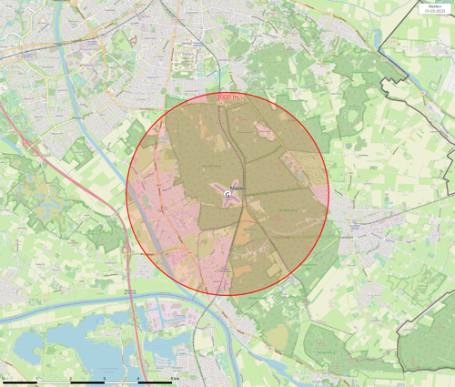 Kaart het vliegveld waarop het gebied waarbinnen je toestemming nodig hebt om sfeerballonnen op te laten, rood is gemarkeerd.