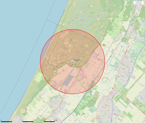 Kaart het vliegveld waarop het gebied waarbinnen je toestemming nodig hebt om sfeerballonnen op te laten, rood is gemarkeerd.