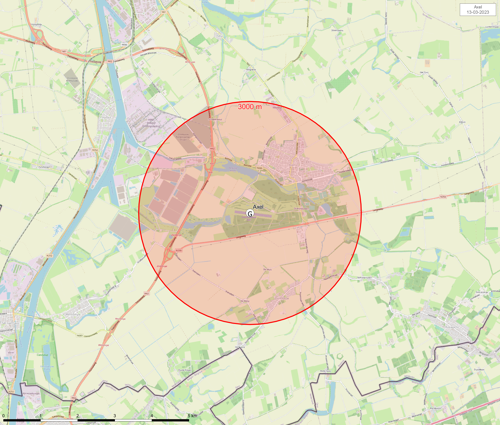 Kaart het vliegveld waarop het gebied waarbinnen je toestemming nodig hebt om sfeerballonnen op te laten, rood is gemarkeerd.