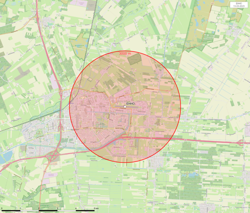Kaart het vliegveld waarop het gebied waarbinnen je toestemming nodig hebt om sfeerballonnen op te laten, rood is gemarkeerd.