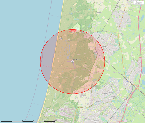 Kaart het vliegveld waarop het gebied waarbinnen je toestemming nodig hebt om sfeerballonnen op te laten, rood is gemarkeerd.