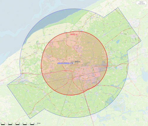 Kaart het vliegveld waarop het gebied waarbinnen je toestemming nodig hebt om sfeerballonnen op te laten, rood is gemarkeerd.