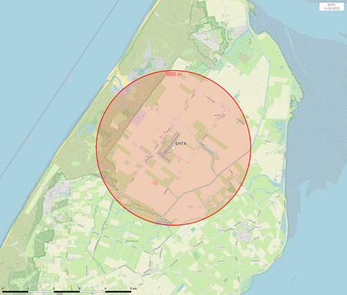 Kaart het vliegveld waarop het gebied waarbinnen je toestemming nodig hebt om sfeerballonnen op te laten, rood is gemarkeerd.