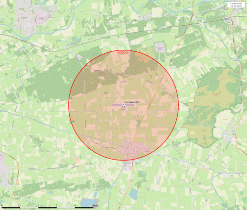 Kaart het vliegveld waarop het gebied waarbinnen je toestemming nodig hebt om sfeerballonnen op te laten, rood is gemarkeerd.
