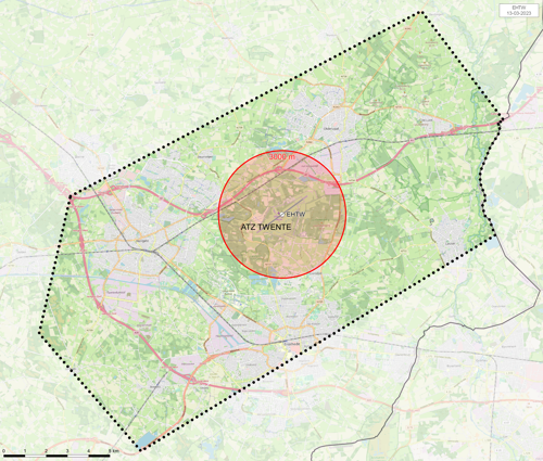 Kaart het vliegveld waarop het gebied waarbinnen je toestemming nodig hebt om sfeerballonnen op te laten, rood is gemarkeerd.