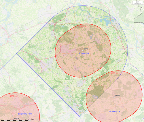 Kaart het vliegveld waarop het gebied waarbinnen je toestemming nodig hebt om sfeerballonnen op te laten, rood is gemarkeerd.